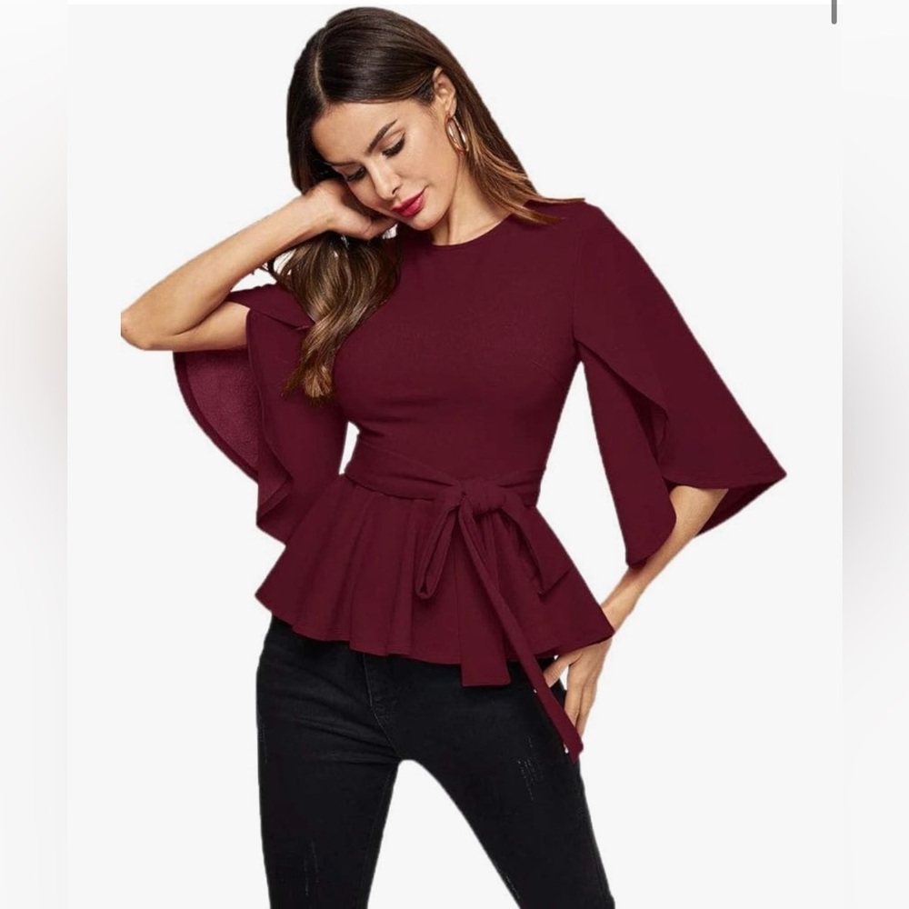 NEW ROMWE Women’s Split Half Sleeve Zipper Belted Knot Drap Casual Blouse
